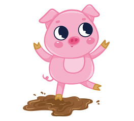 A cute pig plays in the mud. Vector illustration with cute farm animals in cartoon style.