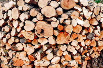 Pile of perfectly cut and stacked logs of wood to fuel the heating fire.