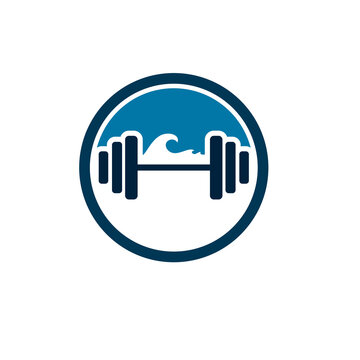 logo illustration of a barbell, isolated on the white background. incorporates a barbell with an ocean wave