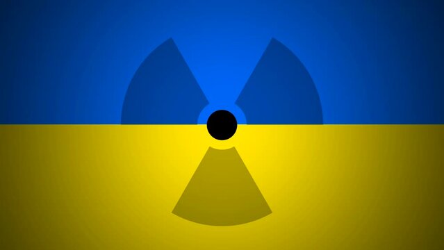 Radiation sign on the background of flag of Ukraine. The risk of nuclear war and radiation pollution