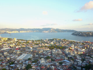Aerial view of the bay of Acapulco over the historic neighborhoods