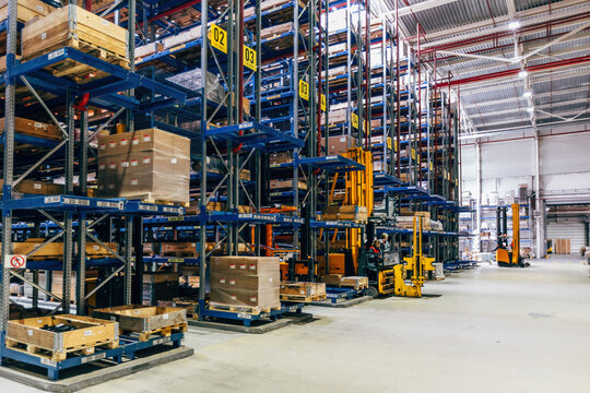 Modern warehouse interior with shelves and boxes
