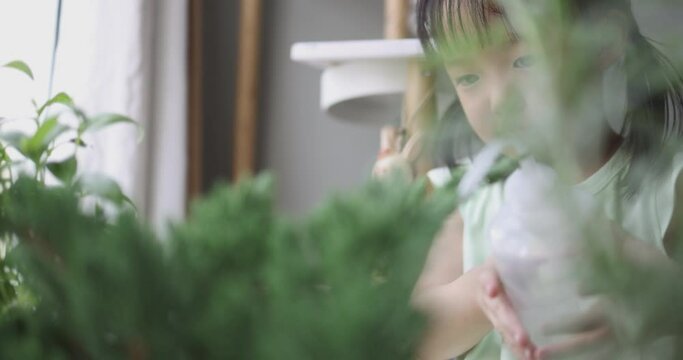 4K Video little asian cute girl watering the little plant in home. Concept for lifestyle kid activity.