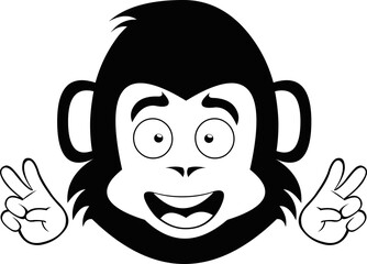 Vector illustration of the face of a cartoon monkey or gorilla making the classic gesture of love and peace with his hands, drawn in black and white