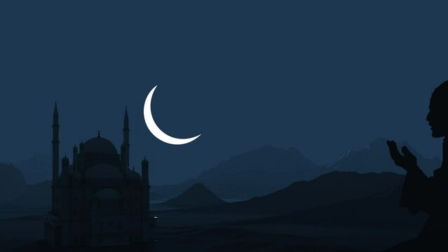 A Muslim prays against the backdrop of a mosque and the rising moon. Ramadan holiday. 