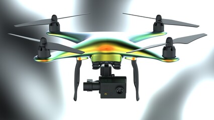 Powerful  rainbow metallic drone loaded with some of most advanced imaging and flight technologies under flash light. Concept image of video production, agriculture solution and public safety. 3D CG.