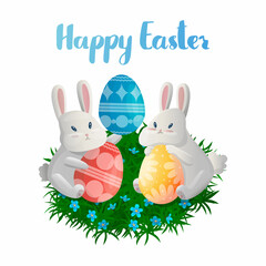 Vector illustration with set symbols of religious holiday of Easter and lettering with Happy Easter greetings. Two cute hares on grass and flowers are depicted holding decorated, multi colored eggs.