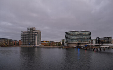 Copenhagen, Denmark - November 3032: Evening view of the Portland Towers, two silos converted into office bildings in the Nordhavn district.