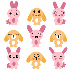 Hand drawn bunnies collection. Set of nine cute rabbits baby. Perfect for poster, stickers, textile and prints. Cartoon style vector illustration for decor and design.