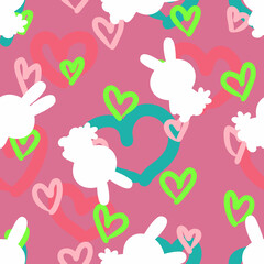 Bright colorful festive Easter seamless pattern with bunnies silhouettes and hearts. Perfect for T-shirt, textile and print. Hand drawn vector illustration for decor and design.