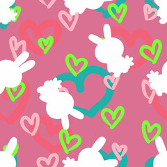 Fototapeta premium Bright colorful festive Easter seamless pattern with bunnies silhouettes and hearts. Perfect for T-shirt, textile and print. Hand drawn vector illustration for decor and design.