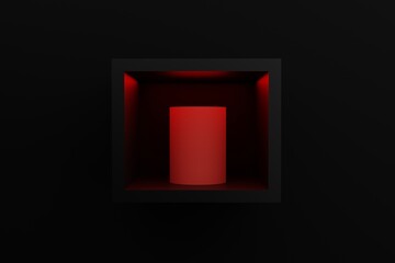 A red cylinder in a frame illuminated by red light on a black background. Concept of abstract figures as a background. 3D rendering, 3D illustration.