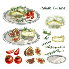 627_CHEESE, different varieties cheese, tomatoes, thyme, figs, rosemary, red food set, delicacies on a platter