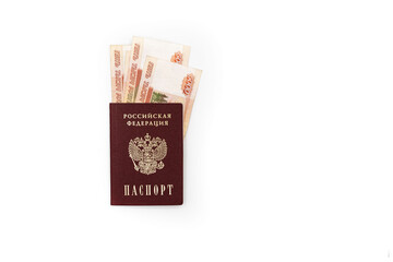 Russian passport with banknotes of 5000 rubles on a white background