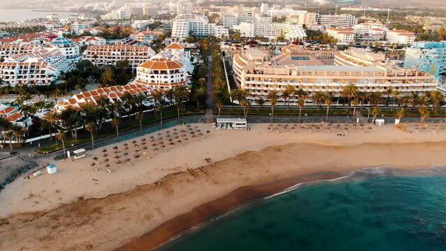 aerial view to the Camison beach at Playa de las Americas holiday resort in Tenerife. Canary islands
