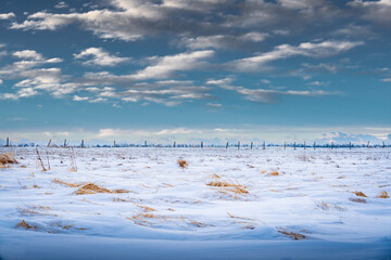 A distant barbed wire fence for an animal paddock with prairie fields covered in snow under a dramatic sky in Alberta Canada.