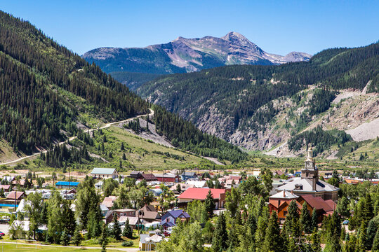 Silverton Colorado Aerial in Summer on a clear blue sky day