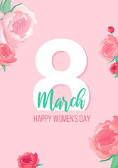 Happy Women Day greeting text and flowers.