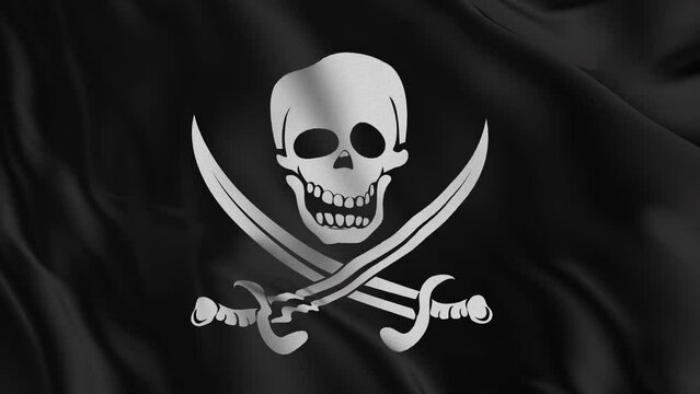 Pirate flag waving in the wind. Swords and a skull