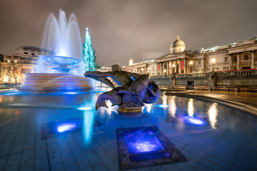 Trafalgar Square with Christmas tree in London England 
