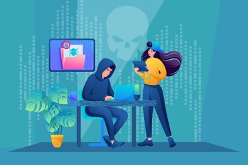 Young hackers break into mail, send out viruses, steal data. Concept of web design