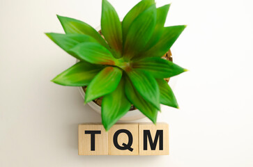 Acronym TQM - Total Quality Management. Wooden small cubes with letters isolated on white background with copy space available.Business Concept image.
