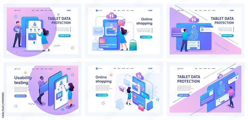 Poster set of landing pages for testing different mobile applications. isometric 3d and 2d illustrations