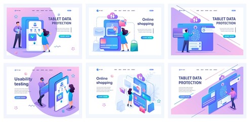 Set of landing pages for Testing different mobile applications. Isometric 3D and 2D illustrations - obrazy, fototapety, plakaty