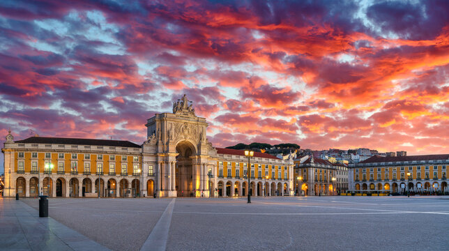 Commerce Square (Praca do Comercio) with Rua Augusta Arch at sunrise in Lisbon. Portugal