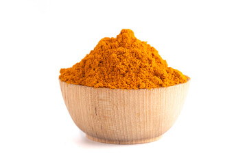 A Bowl of Ground Turmeric Powder on a White Background