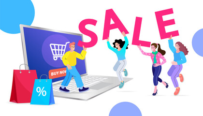 Online sale for e-commerce and retail shopping. A group of happy customers celebrates a special discount promotion on a website. Vector banner for a Black Friday or seasonal clearance event.