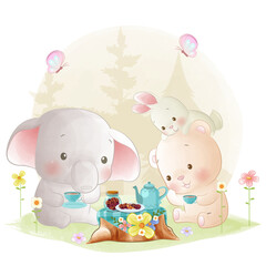 Cute animal tea party illustration woodland friends having a picnic