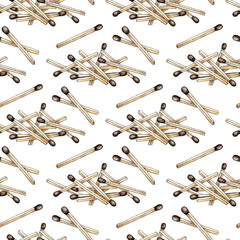 Watercolor illustration of a pattern of scattered matches. Seamless repeat print get a flame. Light the fire. Burnt wooden stick. Hand drawn doodles. Isolated on white background. Drawn by hand.