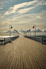 Beautiful morning seaside landscape. Wooden popular pier in the morning in Gdynia, Poland.