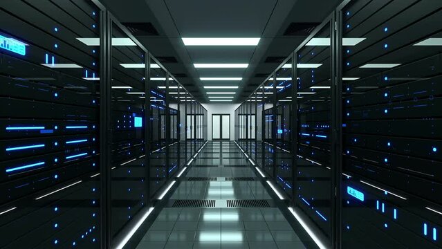 Data center with working rack servers that are used for big data and cloud computing services. High speed network connecting data servers in a server room. Technology, IT background. 3D animation. 4K