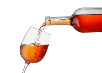 Pouring of tasty wine into glass on white background