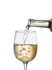 Pouring of tasty wine into glass on white background