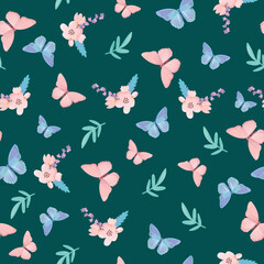 Seamless pattern with flowers and butterflies.