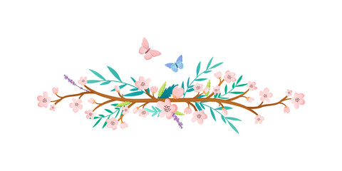 Fototapeta premium Decorative blooming branch with flowers and butterflies.