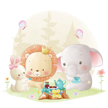 Cute animal Baby lion, bunny and elephant tea party illustration woodland friends having a picnic