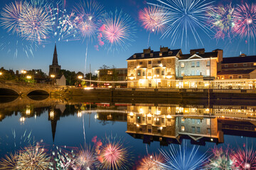 Fototapeta na wymiar Fireworks display at Bedford riverside on the Great Ouse River. England