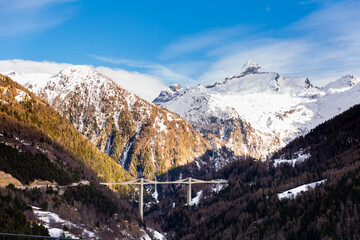 Picturesque winter view of Ganter Bridge, the second longest spanning bridge in Switzerland