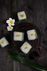 Kue tako or kuih tako nangka, Indonesian traditional sweet dessert topping with jackfruit slice.