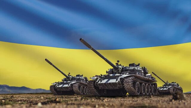 Tanks lined up in front of a Ukrainian flag. Several military army war battle tank vehicles on the terrain ready to attack	