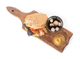 Fresh doner kebab in bun, glass of cola drink and mustard on white background