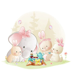 Cute baby animal, little elephant and bunnies tea party illustration woodland friends having a picnic