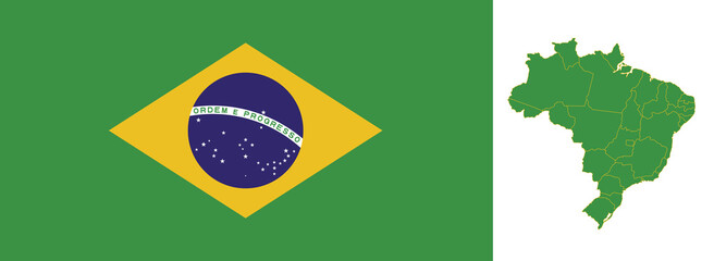 Brazil flag and map with regions states, blank