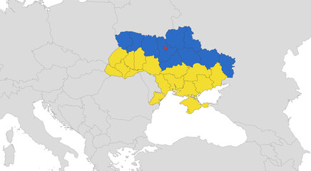Obraz premium Map of the Ukraine in the colors of the flag with individual regions and capital city, with neighboring states, blank