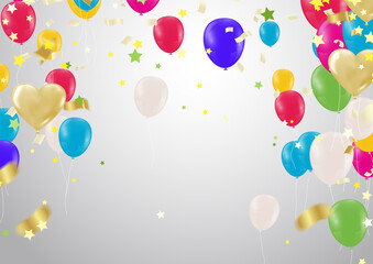 Vector Illustration of a Colorful Party Background with Confetti , Curly Ribbons and Color Glossy Balloons. for parties or celebrations