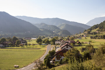 Aerial panorama of Ljubno ob Savinji, a typical central europea village of Slovenia, with...